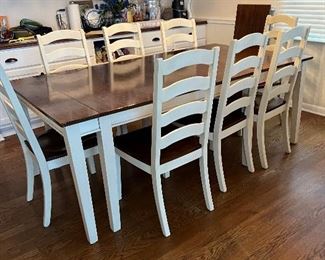 WOOD TABLE  $950
82” x 44” with leaf - SHOWN 
8 chairs 
PLUS has an Extra leaf 18”  
Table can be 100” long 