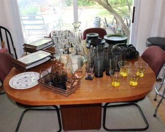 Wood Pedestal Dining Table, Glasses, Dishes, Steak Trays with Wood Holders, Decanter, Stools