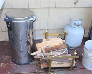Stainless Cans, Wood Holder, Propane Tank