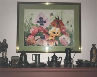 Watercolor - Oriental Fantasy # 5.  37.5x30”  we believe the signature to read Robert Marshall Shepperd .   Large selection of old British pewter. 