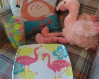 Pink flamingo melmac plates, glasses, pillow