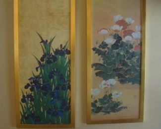 Framed Oriental art, Irises and Poppies