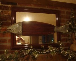 Mirror with wood & metal fish