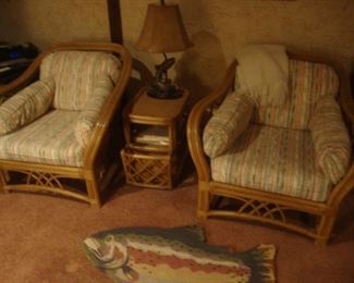 Rattan chairs, fish rug