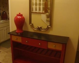 Solid pine table/shelf w/ red paint, large red urn