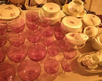 Pink crystal and lovely Spode rose patterned china