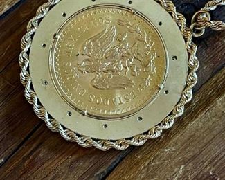 14K GOLD Chain and Bezel with 21.6K GOLD Mexican Collector's 50 Peso Coin - Comes with Current Appraisal