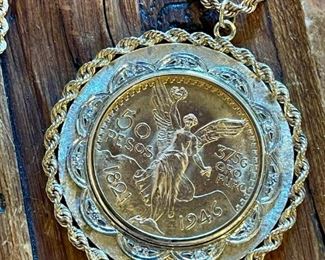 14K GOLD Chain and Bezel with 21.6K GOLD Mexican Collector's 50 Peso Coin - Comes with Current Appraisal