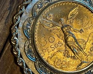 14K GOLD Chain and Bezel with 21.6K GOLD Mexican Collector's 50 Peso Coin - Comes with Current Appraisal