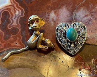 14K GOLD Monkey Lapel Pin and 14K White GOLD Pin with Turquoise - Comes with Current Appraisal
