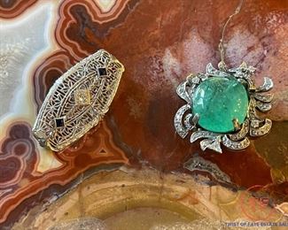 18K White GOLD, DIAMOND, and EMERALD Brooch and 14K GOLD Filigree Brooch - Comes with Current Appraisal