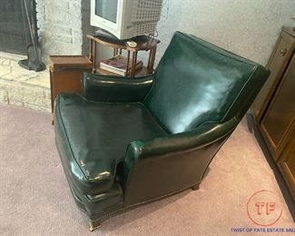 Vintage Green Leather Studded Armchair
