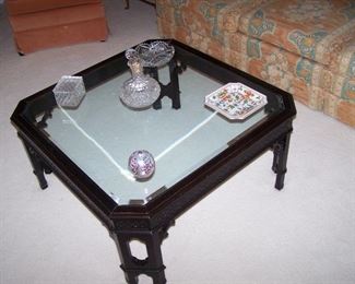 GLASS-TOP COFFEE TABLE & CUT GLASS ITEMS