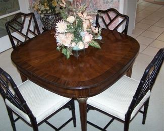 BURL-TOP DINING TABLE ( HAS 2 LEAVES AND PADS), 4 FAUX BAMBOO DINING CHAIRS