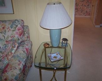 BRASS & GLASS LAMP TABLE, LAMP & MISC.
