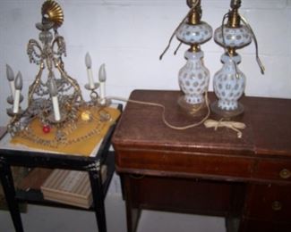 PAIR OF FENTON LAMPS & OLD CHANDELIER
