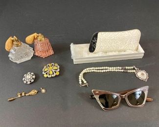 DUB041 Vintage RayBan Sunglasses, Jewelry, And Perfume Atomizer Bottles