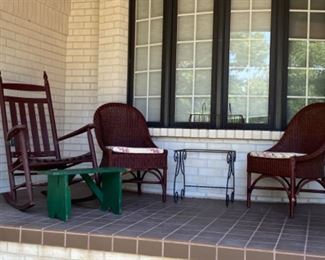 More wicker, wrought iron, primitive bench, rocker