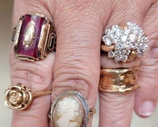 Karat gold rings and one sterling cameo ring