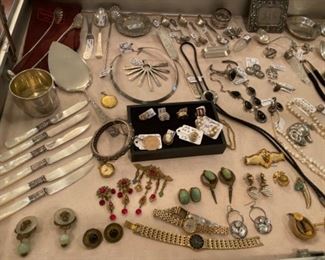 Jewelry:  10 & 14k rings, pendant, earrings; retired James Avery sterling; antique sterling purse; antique sterling flatware; Tiffany sterling; costume jewelry, etc