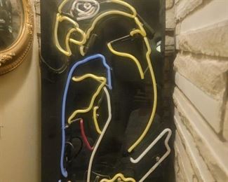 PARROT NEON SIGN WITH TRANSFORMER. CORD HAD BEEN CUT. 19 X 48 APPEARS TO BE NO BROKEN GLASS