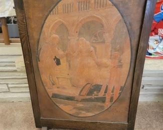 VINTAGE TOOLED WOOD FIREPLACE SCREEN