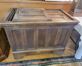 ANTIQUE WOOD CHEST ICE BOX WITH 2 SLIDING DOORS