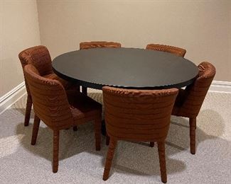 Handcrafted  black metal round  table with 6 upholstered chairs from Bleeker Street in NYC.
Price: $1300