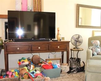 Custom dark wood (maple) table with 3 drawers, like new TCL Flat Screen TV