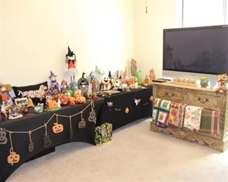 Plenty of Halloween, Thanksgiving and Harvest decorations, another tv - by Panasonic, and custom design dresser