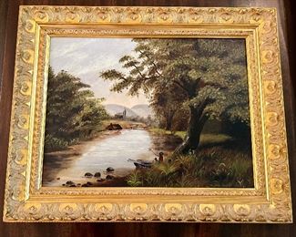 Antique Oil on Board Scenic Painting. Professionally framed in a ornate gilded frame and measures 20.5" x 16" 