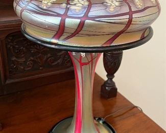 Beautiful Carl Radke Graceful Art Glass Luster Table Lamp with a lovely cherry blossom design. Hand blown by renowned artist, Carl Radke. 

Number of bulbs; 3 (2-40watt). In working condition. Measures about 19.5" h and the base at 8".  Signed on the bottom. 
