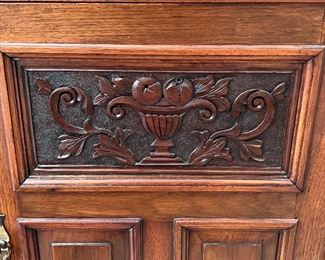 Gorgeous Antique English Edwardian Mahogany Sideboard with Carved Detailed Designs. Circa 1890-early 1900's. Truly a masterpiece! The details and design are stunning! 

Measures about 71" l x 23" deep x 96" h. 