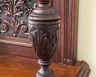 Gorgeous Antique English Edwardian Mahogany Sideboard with Carved Detailed Designs. Circa 1890-early 1900's. Truly a masterpiece! The details and design are stunning! 

Measures about 71" l x 23" deep x 96" h. 
