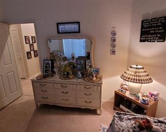 Master bedroom dresser and mirror, matching tall dresser and California King headboard and bedframe.