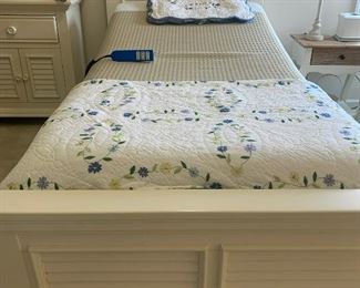 #104 Cottage White bed $350
#105 Leggett & Platt remote controlled twin micro plush adjustable base mattress, originally $2300.  Our price  $750 mattress only!