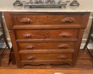#127 Victorian chest with oversized marble top, 46” x 24”d x 38”h.  $150