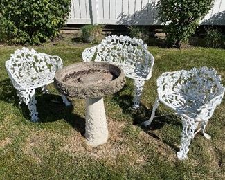Garden furniture and birdbath 
