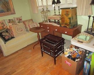 Vintage sofa, vintage needlepoint pillows, the "antique" room