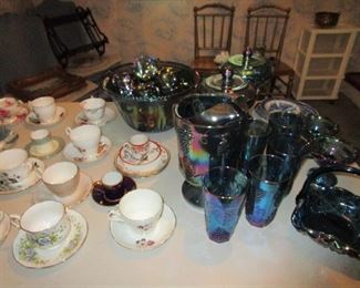 Teacups and vintage carnival glass