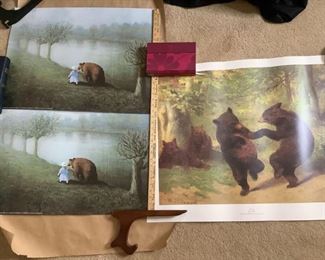 Includes (3) poster prints, (2) by Michael Sowa, "Girl With Bear" with #5049 in the label, H 19 5/8"x W 27.5", and (1) prints by William H, Beard, " Dancing Bears" with #2302 in label, H 26"x W 32".