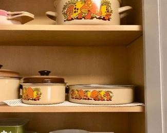 (Top) Merry Mushroom (Middle) Sears Roebuck enamelware(Bottom)70's cookware vintage Corning Ware floral bouquet daisy pattern
