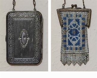 Antique German Silver Embossed Compact Coin Case & Enamel Mesh Purse 