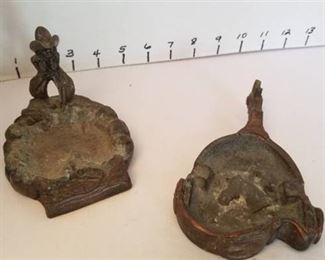 Vintage copper trinket box/ashtray "cowboy at the watering hole" and copper spur ashtray with horse head in center