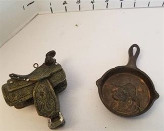 Minature cast iron skillet and small saddle