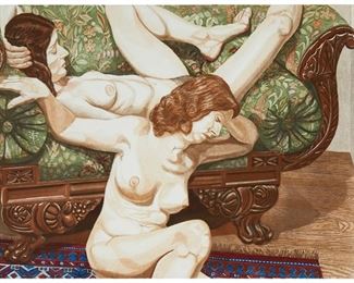 4
Philip Pearlstein
b.1924, American
"Two Nudes With Federal Sofa,"1981
Etching and aquatint in colors on paper
A printer's proof aside from the published edition
Signed, titled, and inscribed "Printer's Proof 2/2" in pencil along the extreme right edge: Philip Pearlstein
Image/Sheet: 28.75" H x 40.5" W
Estimate: $800 - $1,200
