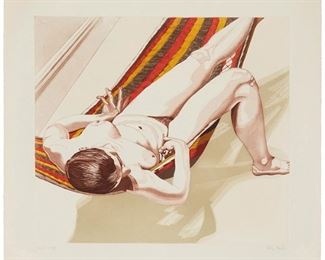 6
Philip Pearlstein
b.1924, American
"Nude On Striped Hammock," 1974
Etching and aquatint in colors on Copperplate paper
A printer's proof aside from the edition of 100
Signed and inscibed "Printer's Proof" in the lower margin; Orlando Condeso Workshop, New York, NY, prntr; Allan Frumkin Gallery, New York, NY, pub.
Plate: 23.5" H x 25.75" W; Sheet: 29.75" H x 22.25" W
Estimate: $700 - $900