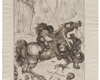 8
Salvador Dali
1904-1989, Spanish
"St. George And The Dragon," 1947
Etching on paper
From the edition of 250
Signed in pencil in the lower margin: Salvador Dali; The Print Club of Cleveland, Cleveland, OH, pub., with their ink stamp verso, and with their original paper label afffixed to the backboard of the mat
Plate: 17.625" H x 11.25" W; Sheet: 22.5" H x 15.25" W
Estimate: $10,000 - $15,000