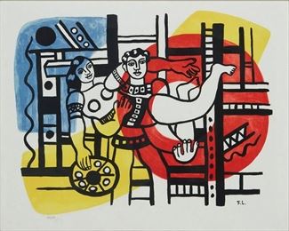 12
After Fernand Leger
1881-1955, French
Circus Couple
Lithograph in colors on japon nacre paper
Edition: 96/150
Initialed in the stone only; numbered and indistinctly signed in pencil in the lower margin, possily by another hand
Image: 16.5" H x 21" W; Sight: 18.75" H x 23.625" W
Estimate: $500 - $700