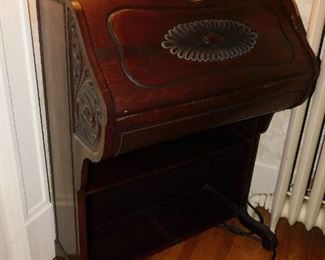 Carved drop front desk with bookshelf bottom - unique shape!
